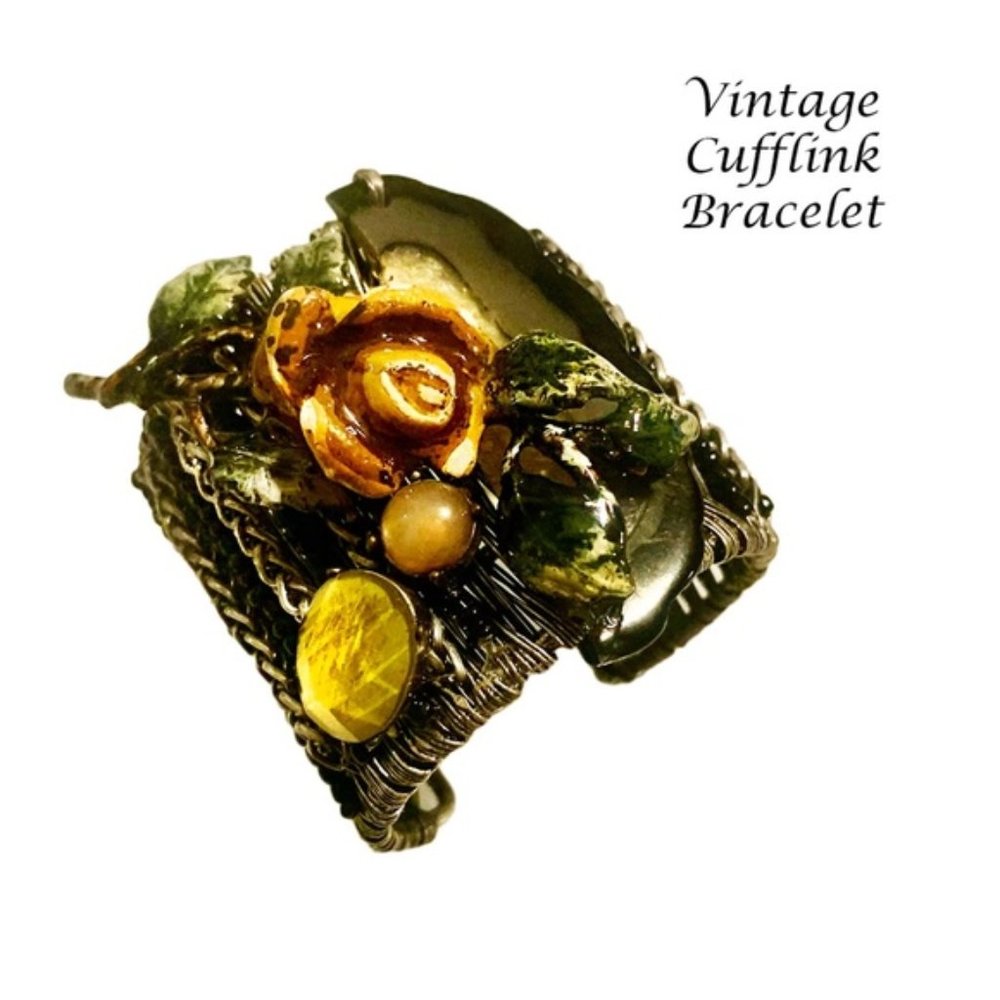 70's Vintage glass sculpted floral cufflink bracelet